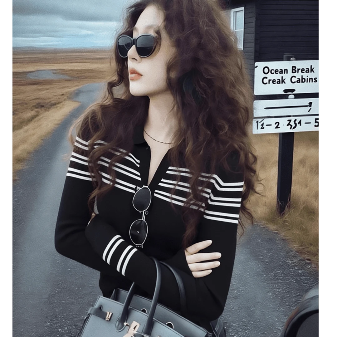 法式黑色高级感条纹半开领针织衫女秋冬气质百搭显瘦打底衫春外穿