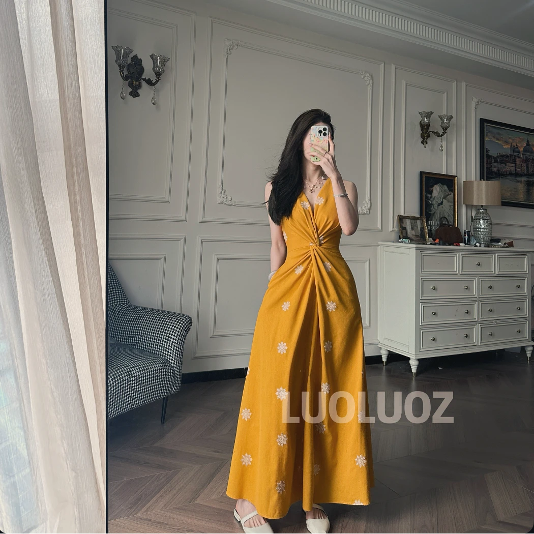 【现货】LUOLUOZ【花间柔光】亚麻抽褶设计收腰无袖长款连衣裙JF800