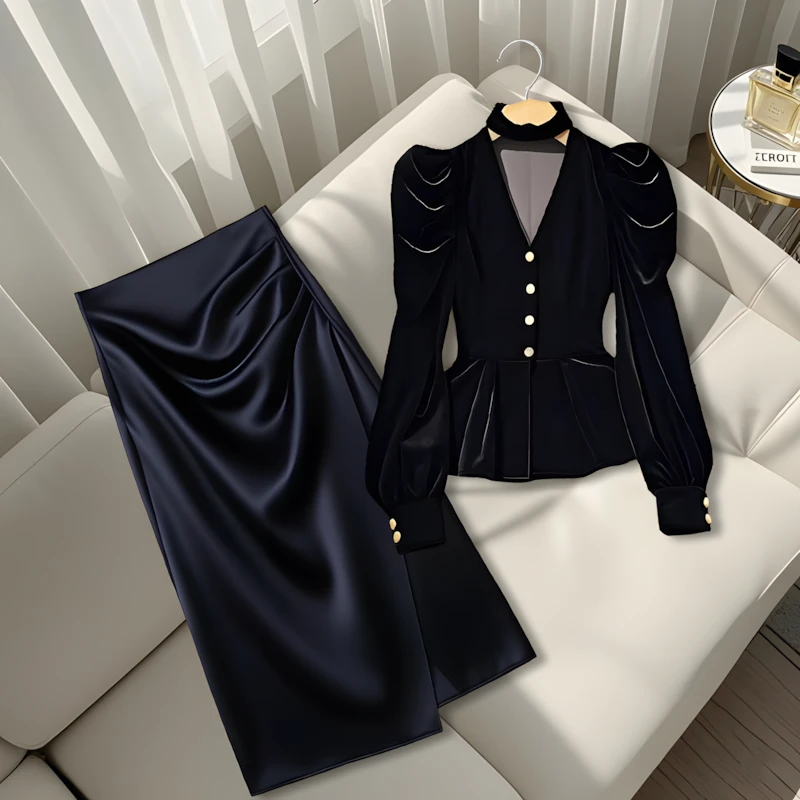 法式休闲套装秋季新款百搭黑色v领掐腰衬衫褶皱a字半身裙两件套女