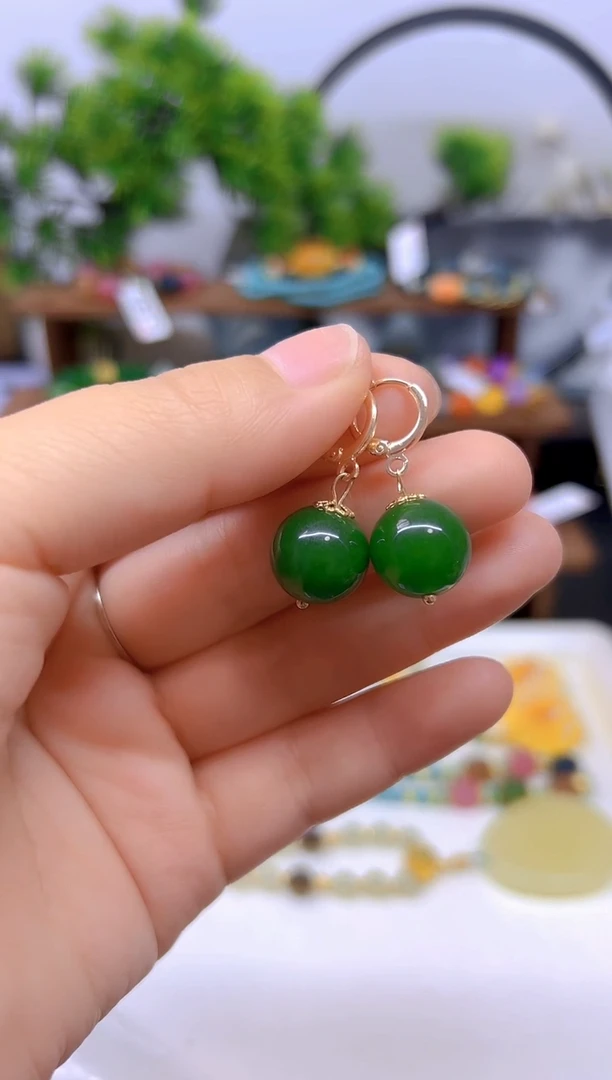 和田玉（碧玉）14K金镶嵌耳饰E600