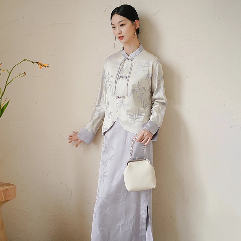 初蝉中国风唐装新款中式女装高贵提花禅茶服上衣半裙0916-N