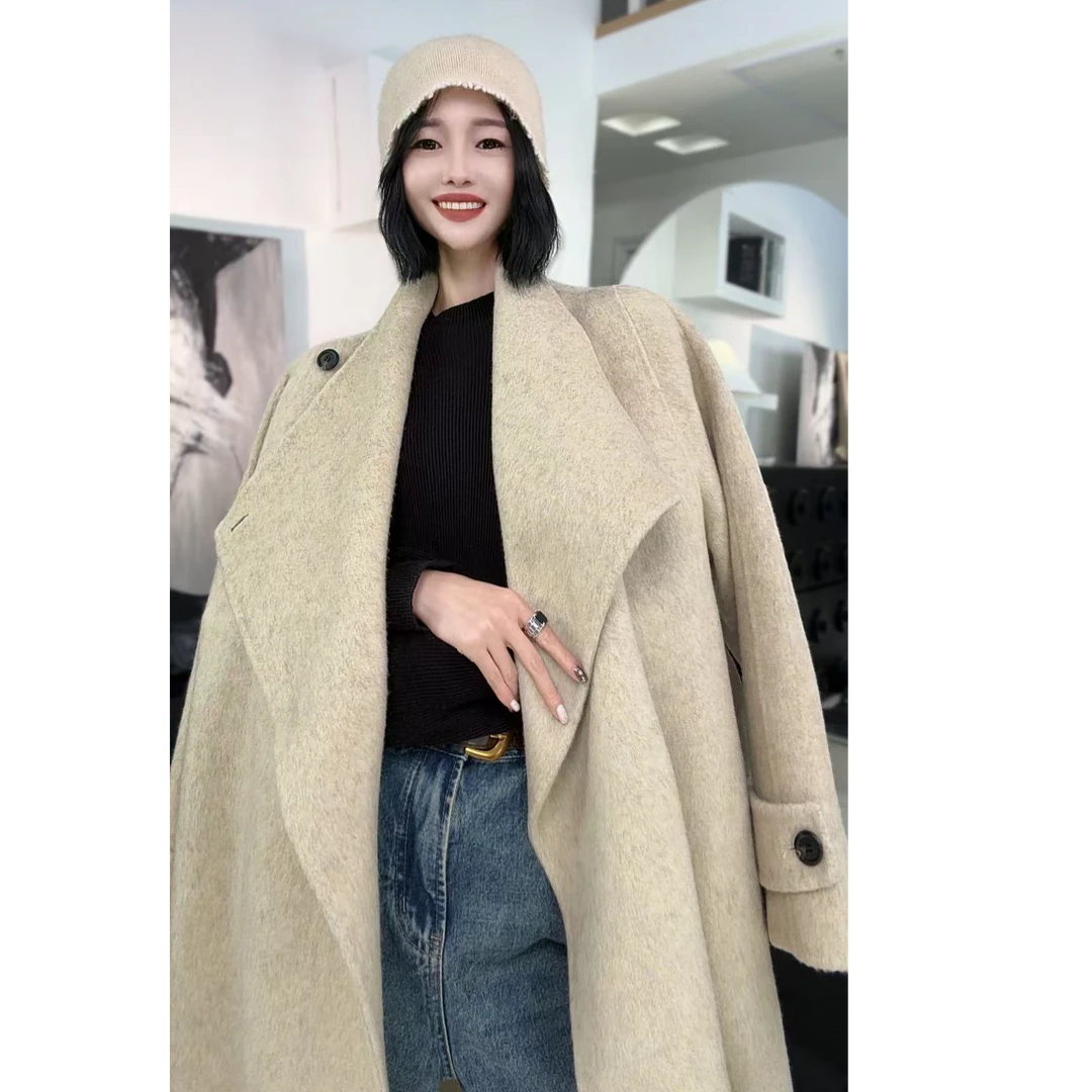 宽松气质时尚双面呢大翻领秋冬长款大衣双面外套设计师款8672