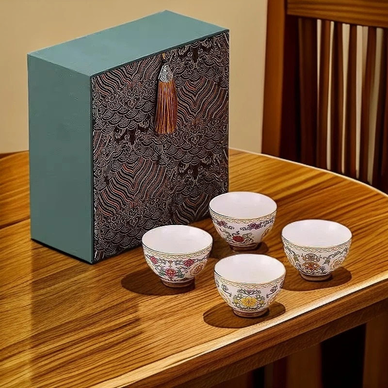 轻奢茶杯套装4只礼盒装陶瓷主人杯家用掐丝茶盏 小茶杯伴手礼佳选