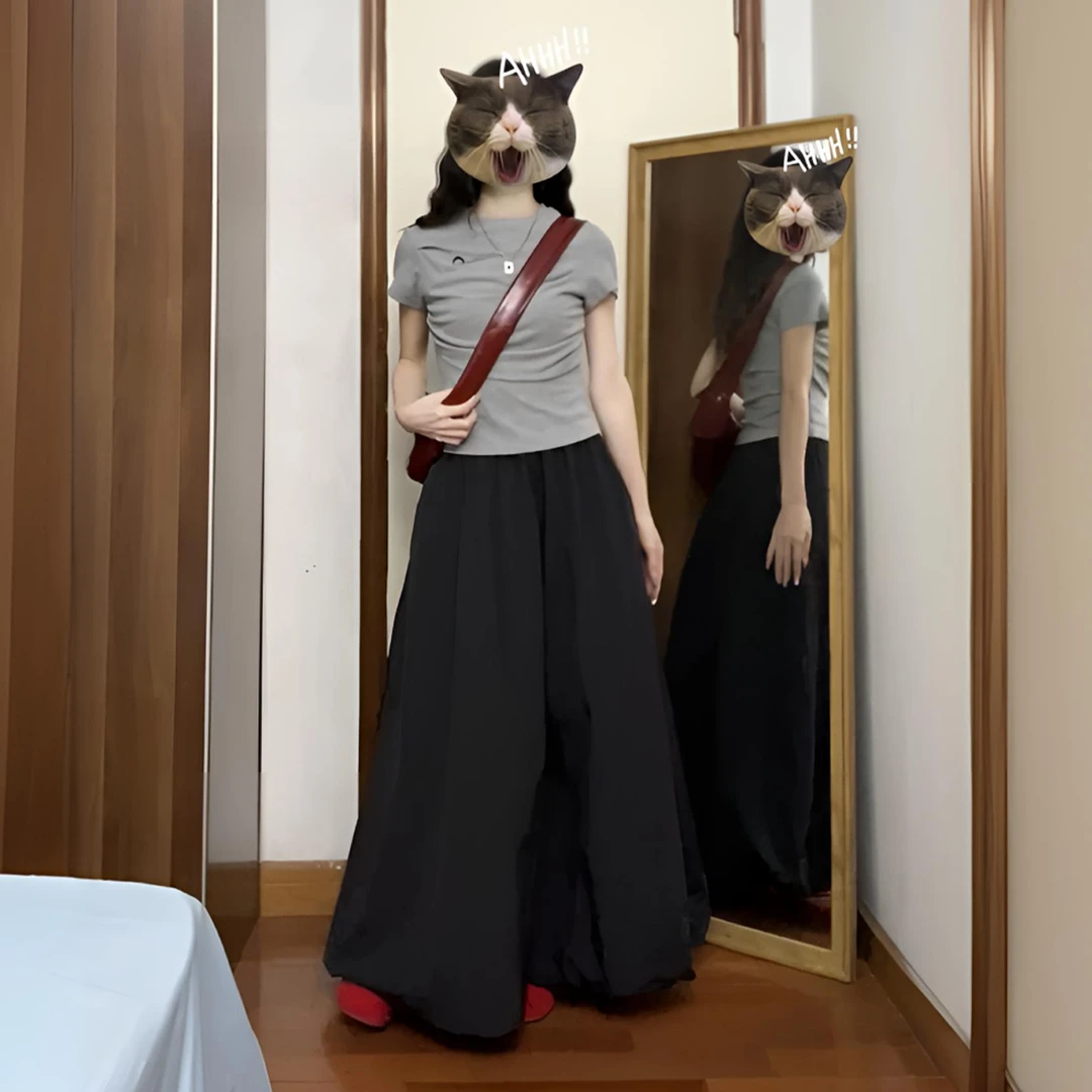 韩系洋气时尚套装女夏季新款设计感修身收腰短袖T恤花苞裙两件套