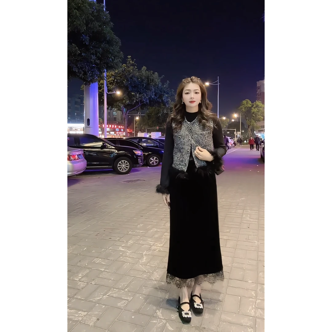 涵儿家冬季毛边半高领打底VS小香风毛边马甲VS松紧蕾丝拼丝绒半裙