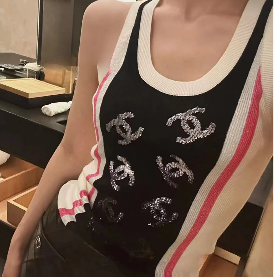 99新 Chanel/香奈儿 23B亮片双C满印拼色针织背心 38码