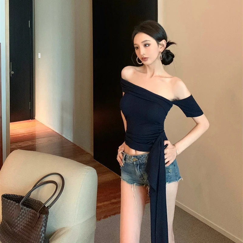 纯欲辣妹飘带一字肩抹胸T恤性感气质收腰露肩上衣22682