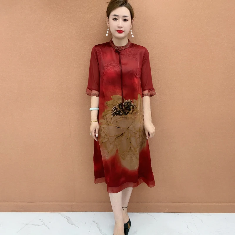 169重磅真丝大码旗袍裙中老年妈妈装中袖立领刺绣连衣裙定位长裙