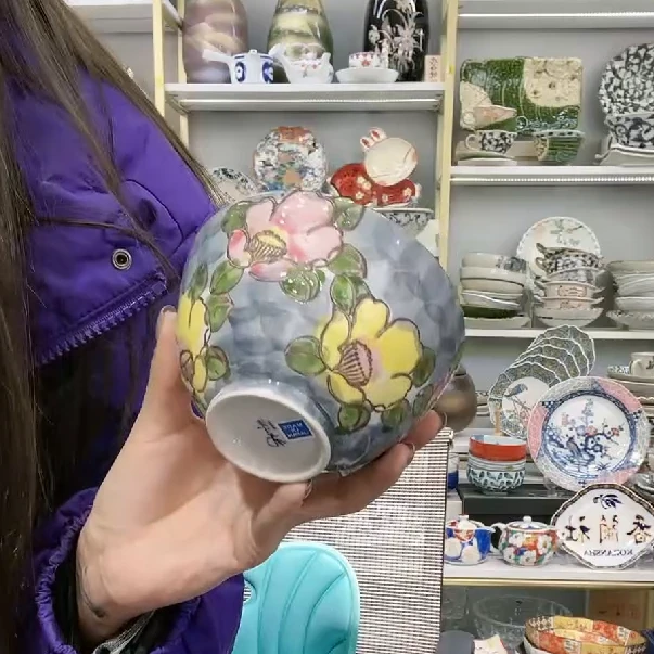 【单支】日本进口有田烧手绘山茶花饭碗12cm-蓝色