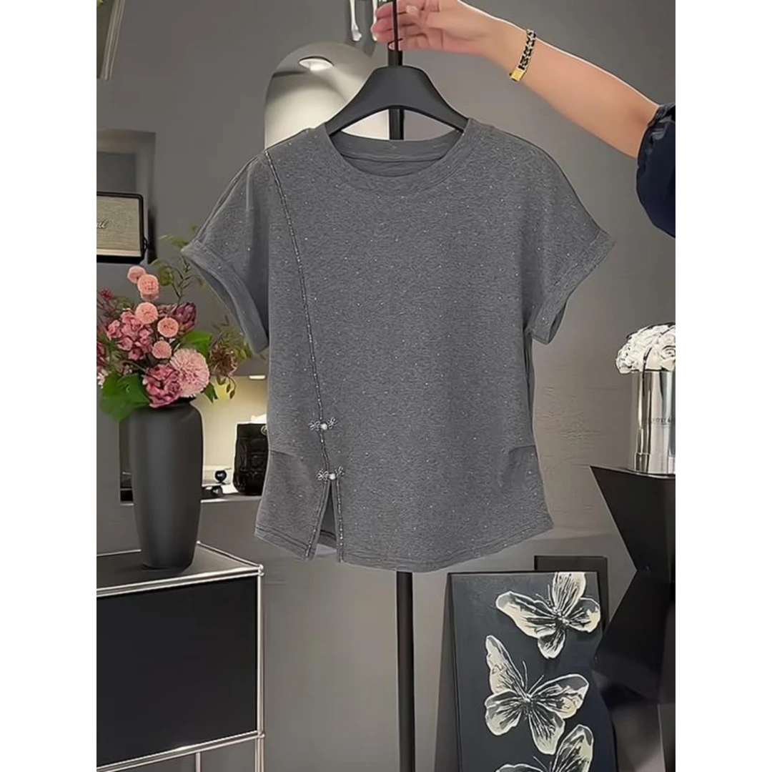 高级感穿搭气质重工镶钻设计盘扣独特灰色短袖夏季慵懒风宽松T恤