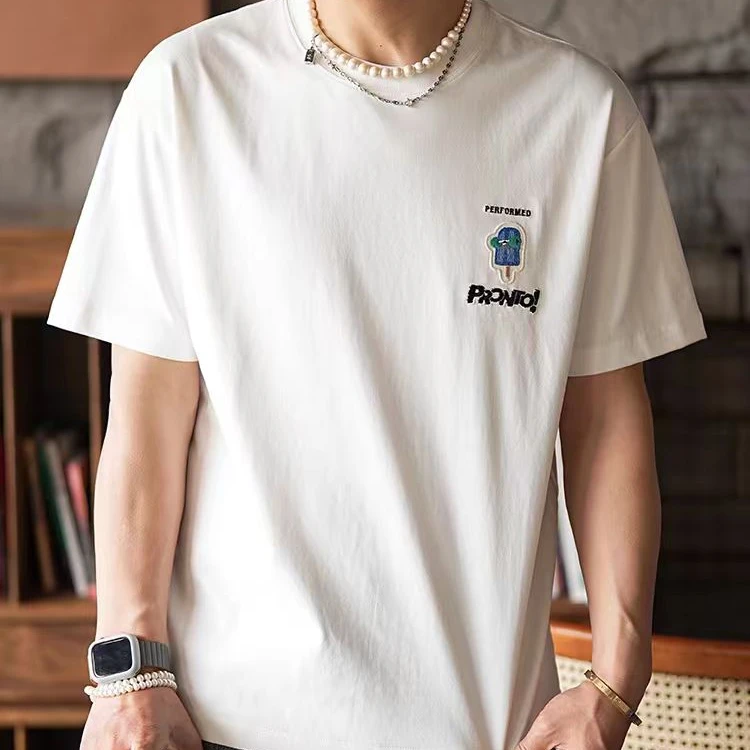 宽松型夏季刺绣圆领宽松上衣休闲T恤情侣印花短袖