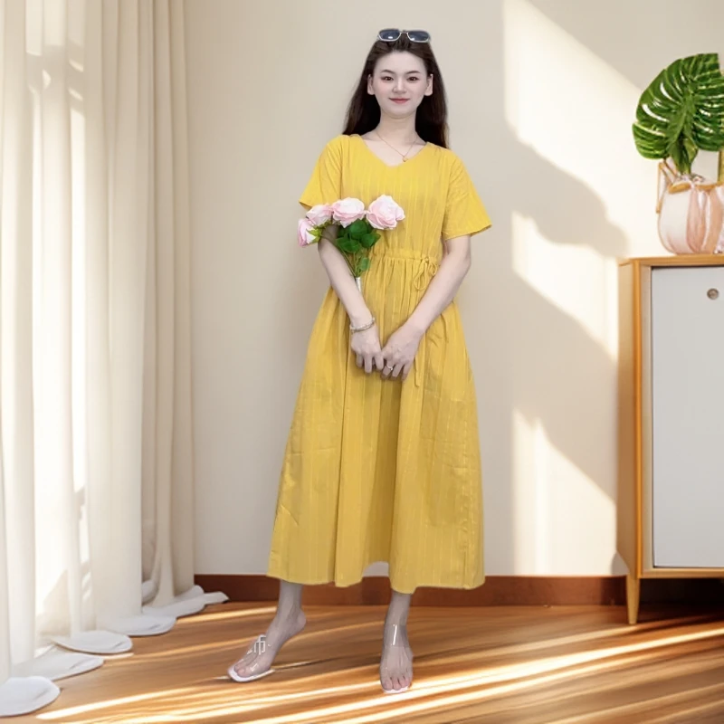 九儿夏季新款上新V领时尚气质纯棉抽绳收腰显瘦有口袋连衣裙9116