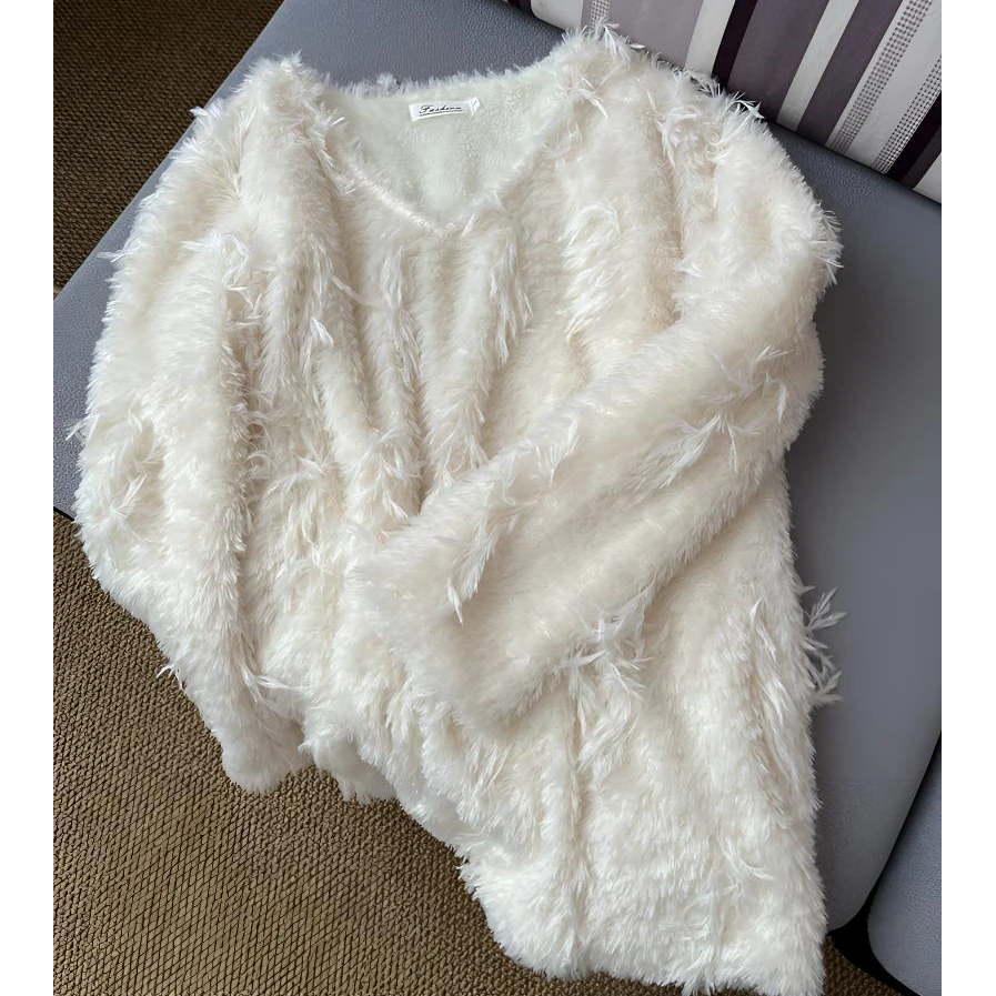 秋冬加绒加厚流苏毛须边V领设计感气质毛衣百搭时尚中长款毛衣裙