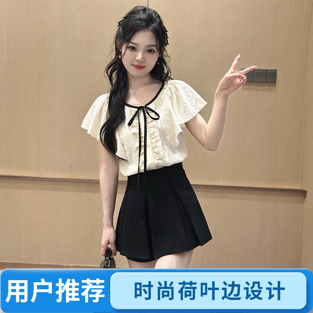 韩系温柔风蝴蝶结荷叶边短袖衬衫女2025夏季新款甜美飞飞袖上衣女