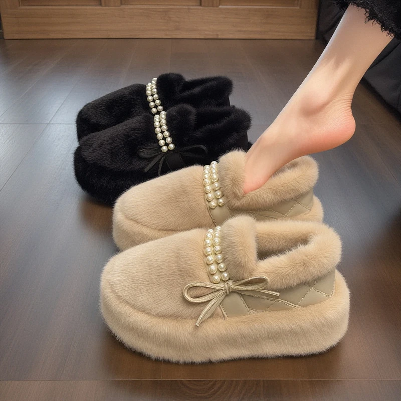 兔毛绒厚底毛毛鞋女2025年新款冬季珍珠小香风加绒防滑一脚蹬棉鞋