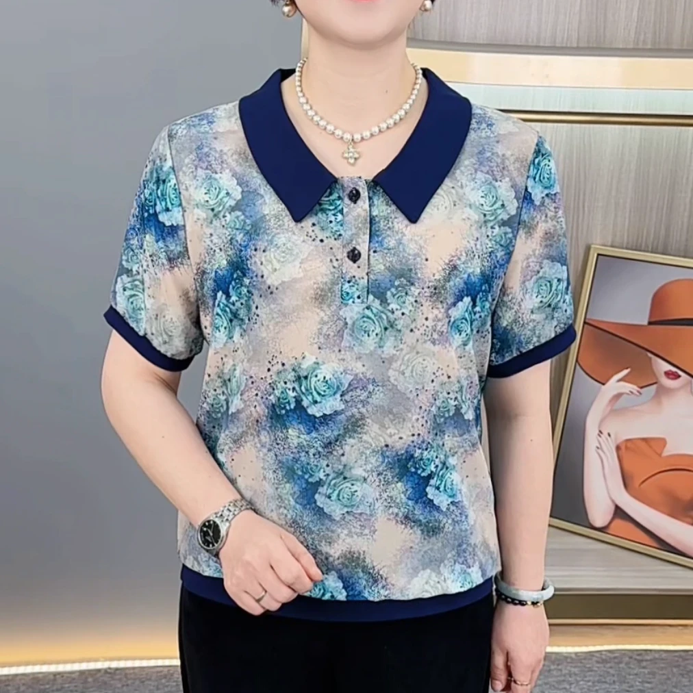 夏季新款精致娃娃领印花气质妈妈装宽松休闲百搭短袖上衣H617