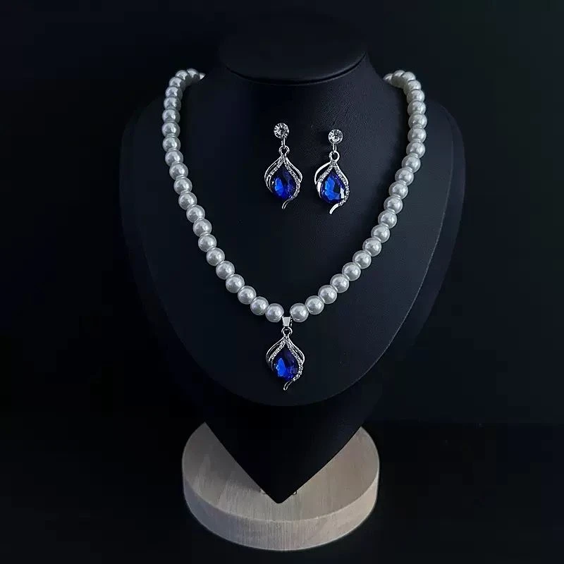 法式复古蓝色吊坠时尚百搭锁骨链项链耳环ZD0843