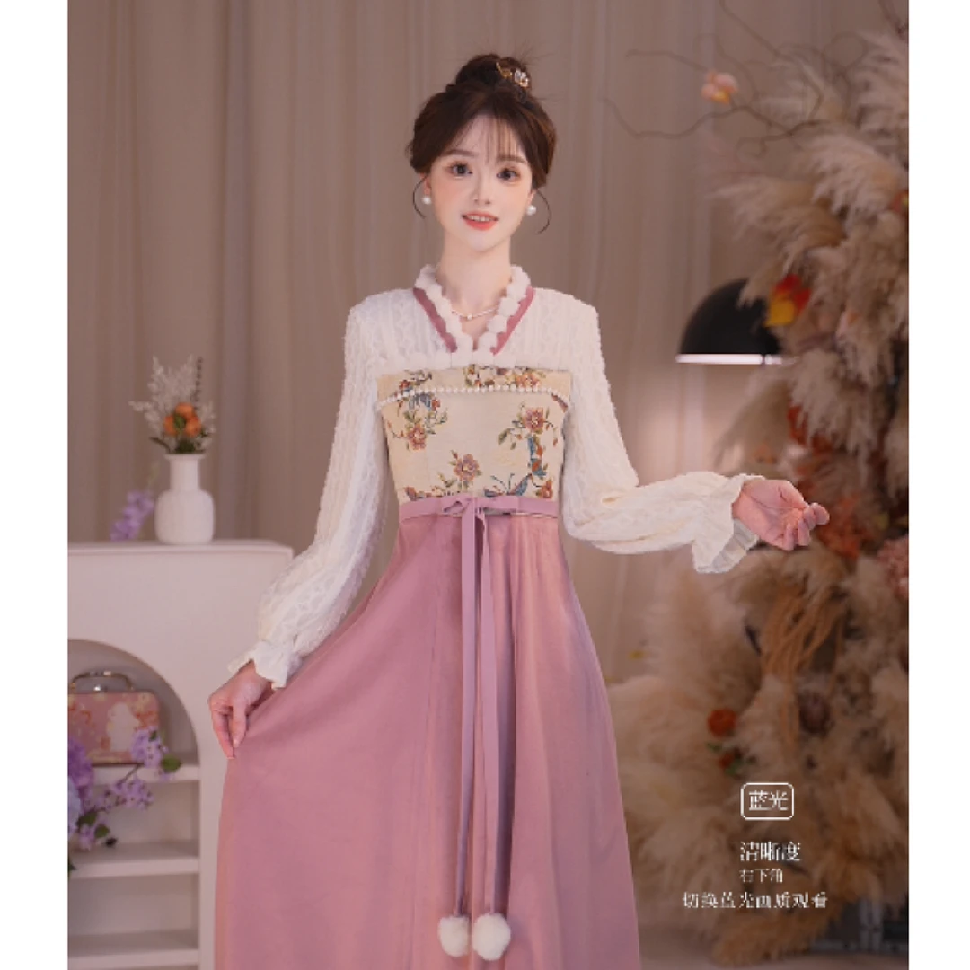 瑶西【粉眠花夕】冬季新款新中式国风氛围感加厚长款连衣裙汉元素