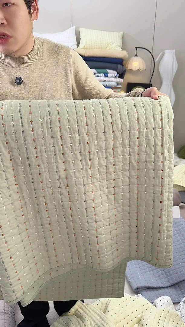 棉纯棉米粒绣抹茶色240*270单床盖