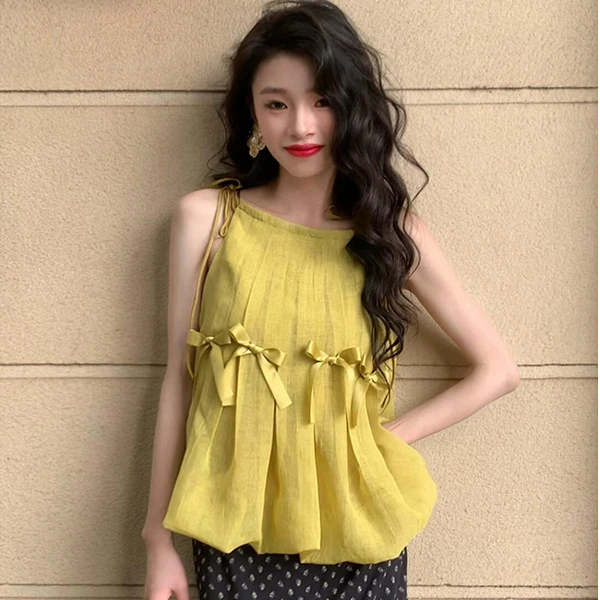 法式减龄漂亮洋气蝴蝶结小香风上衣女2025新款夏季背心花苞娃娃衫