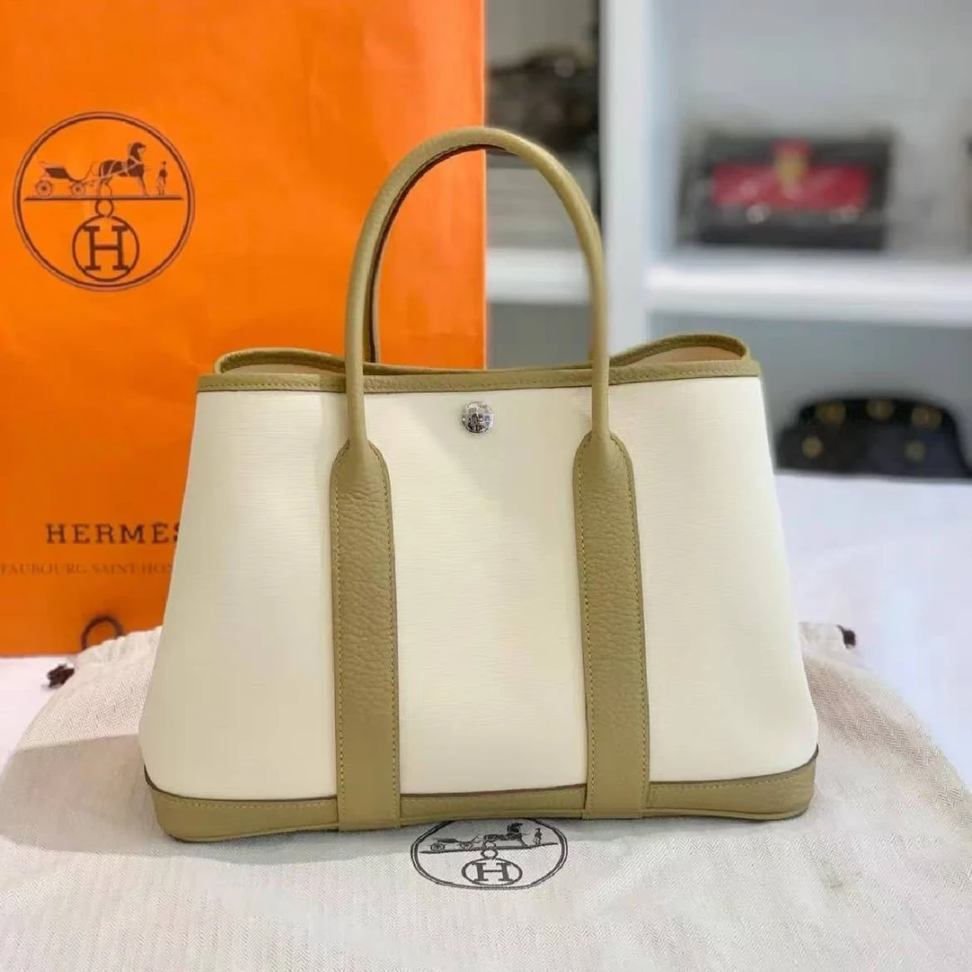 99新 Hermes/爱马仕 7姐专场/ 香草色拼米色 花园  30手提包 Y刻