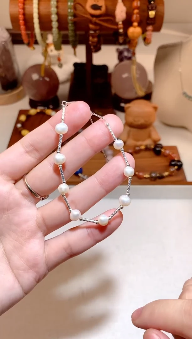 银S925镶嵌手链淡水珍珠珍珠车花管手链 多样性发一