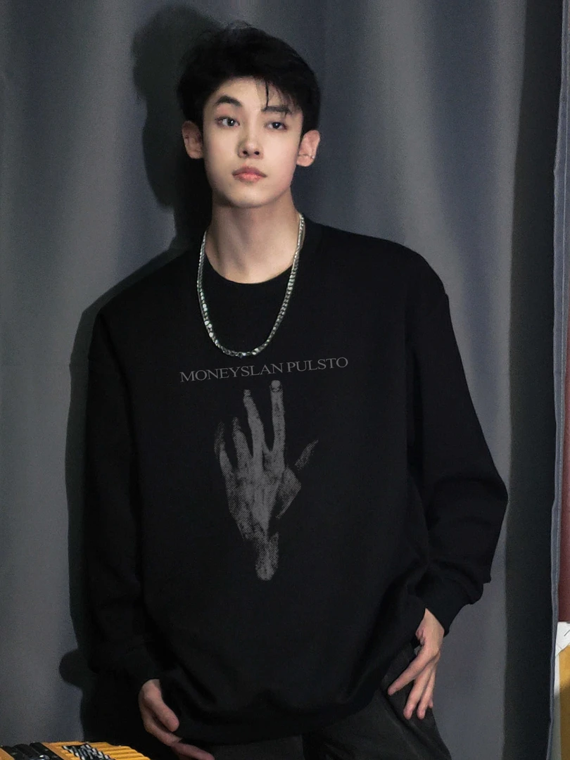 美式高街男生高级感纯棉长袖T恤潮流个性印花圆领秋冬内搭打底衫