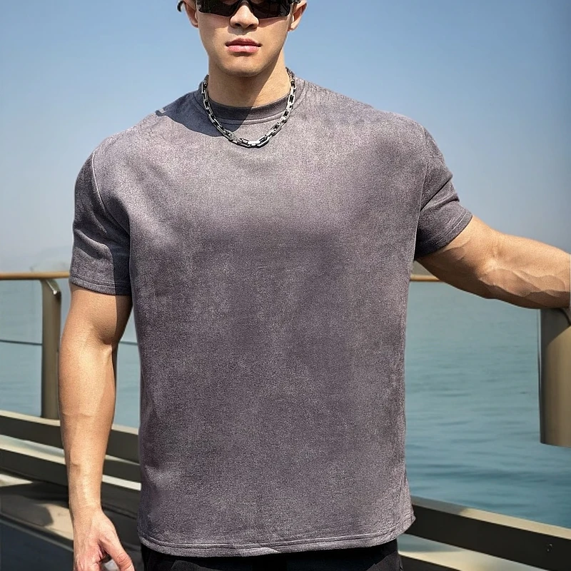 健身短袖男运动圆领T恤美式夏季纯色修身百搭潮牌重磅休闲训练衣