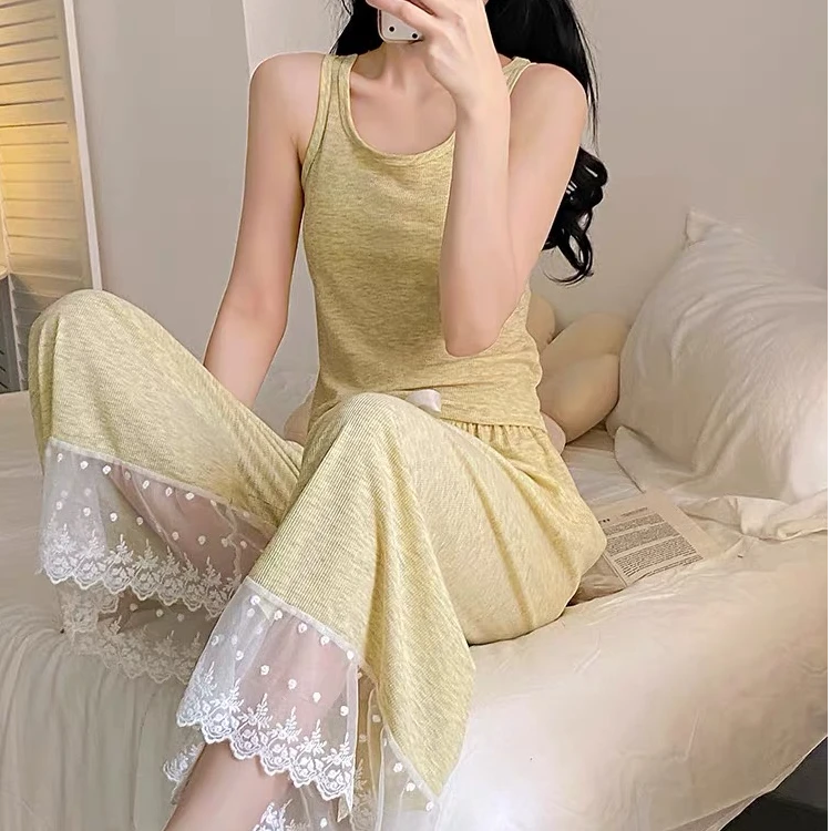 睡衣女夏季新款无袖简约带胸垫薄款休闲显瘦家居服套装-436（TZ）