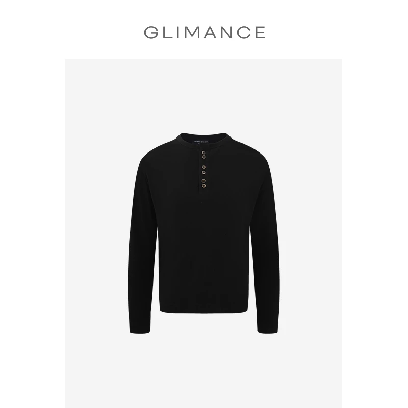 GLIMANCE（GLME）正肩羊毛六排扣亨利领长袖T恤/亲肤软糯/松弛老钱