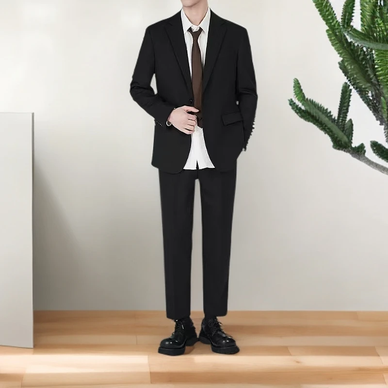 韩版风商务休闲西服套装男暗条纹肌理高级成人礼修身外套西装轻熟