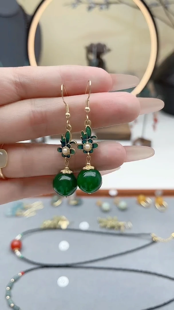 银S925镶嵌耳饰玛瑙/玉髓00绿色新配件