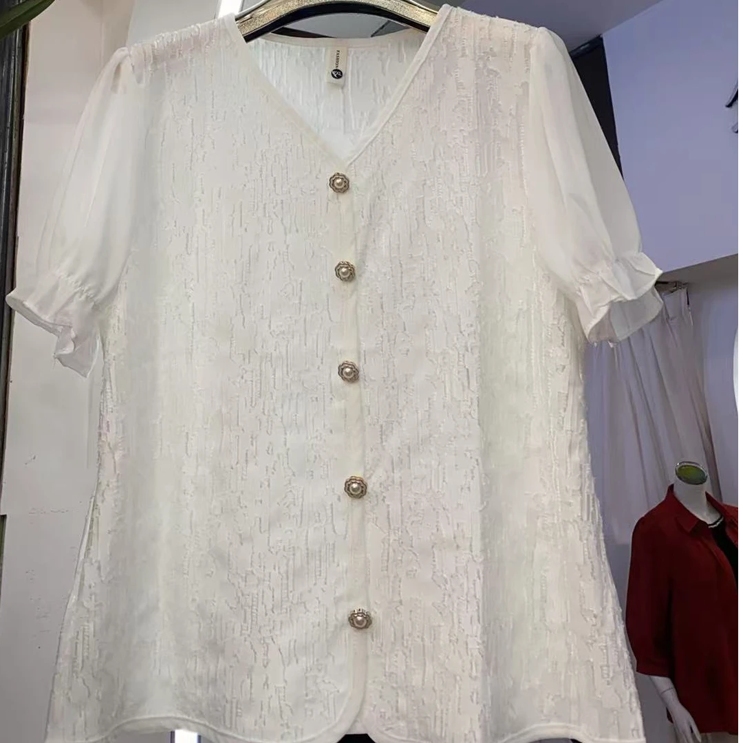 敏子家2528夏季新款雕花短袖时尚百搭减龄洋气显瘦