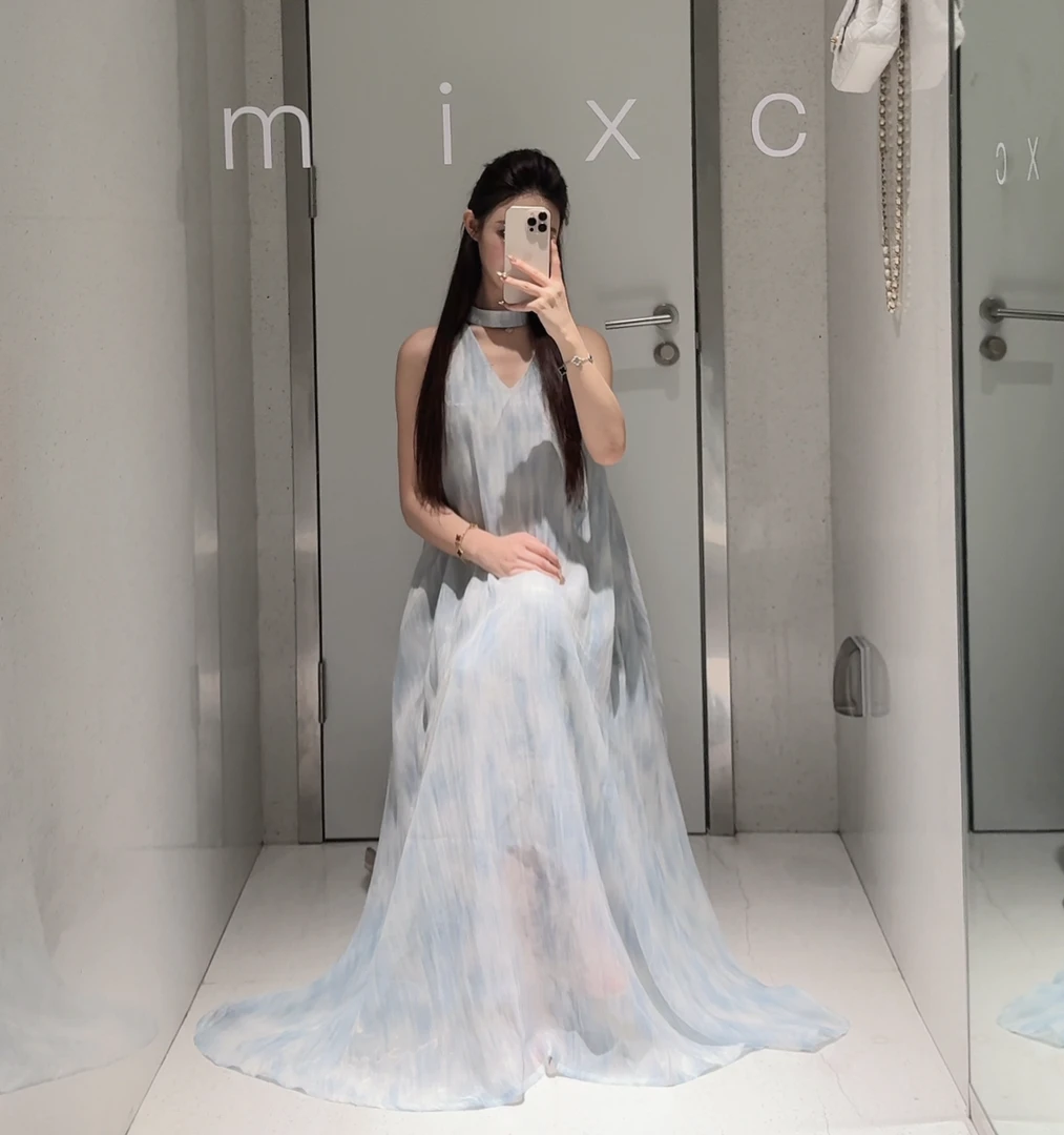LINGAN林感LG25TZ003夏季挂脖晕染V领连衣裙