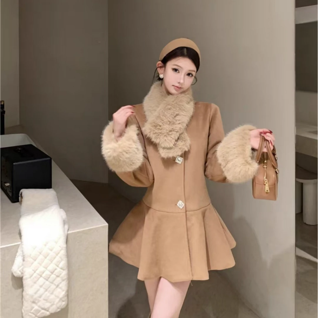 微胖冬季毛绒绒宽松长袖呢子毛领毛呢外套遮肉显瘦大衣10301