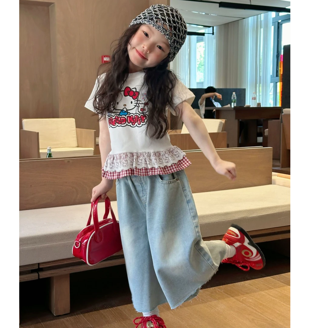 女童公主上衣牛仔裤夏2025新款儿童甜美蕾丝短袖裤子女宝百搭