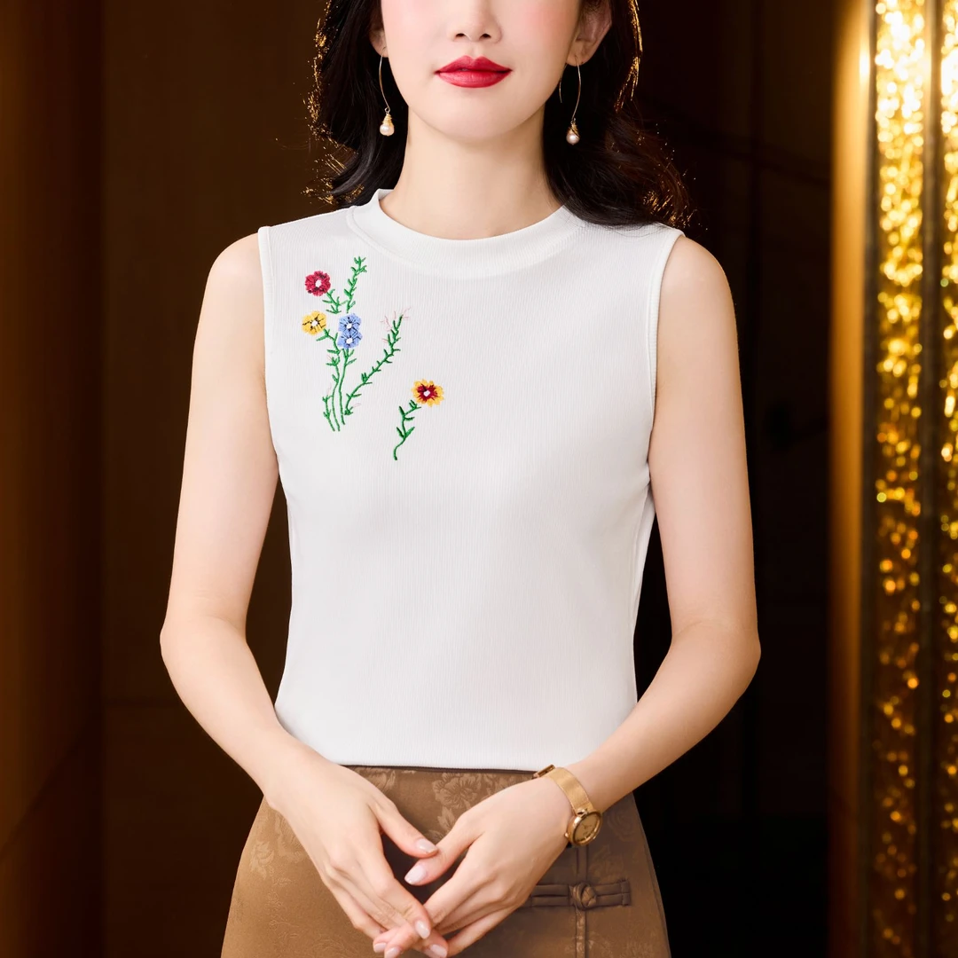 白色刺绣花朵针织背心女士夏季新款无袖内搭纯色吊带打底衫可外穿