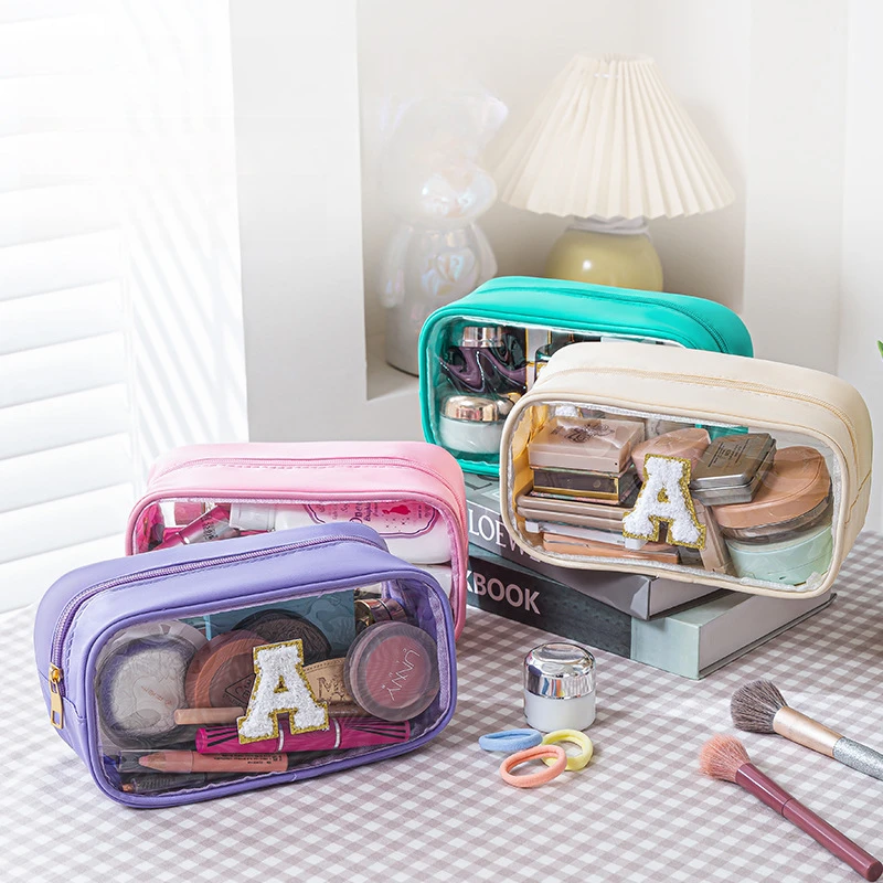 2026爆款透明pvc化妆品收纳包防水大容量高颜值刺绣A字母化妆包
