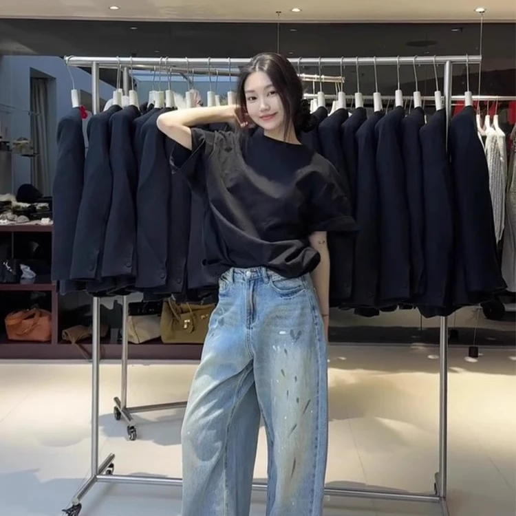 pinkmoon韩系百搭宽松纯棉黑色短袖T恤女松弛感慵懒圆领半袖上衣