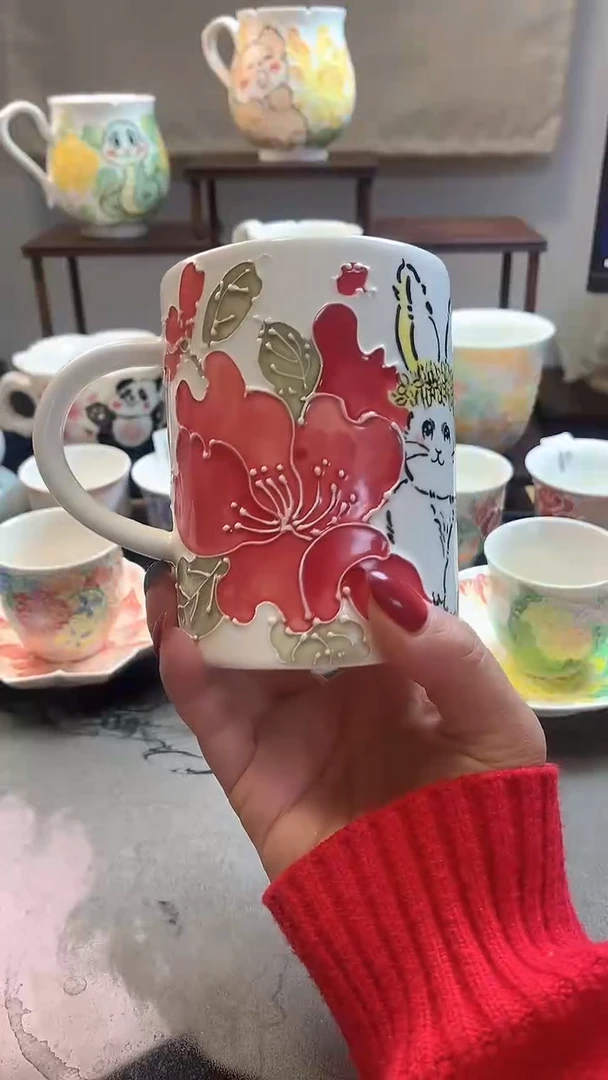 一味*手绘*山茶花兔马克杯