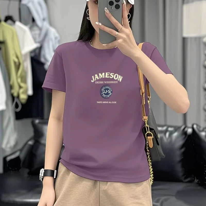 夏季短袖t恤女士宽松大码圆领印花2025新款时尚显瘦百搭休闲上衣