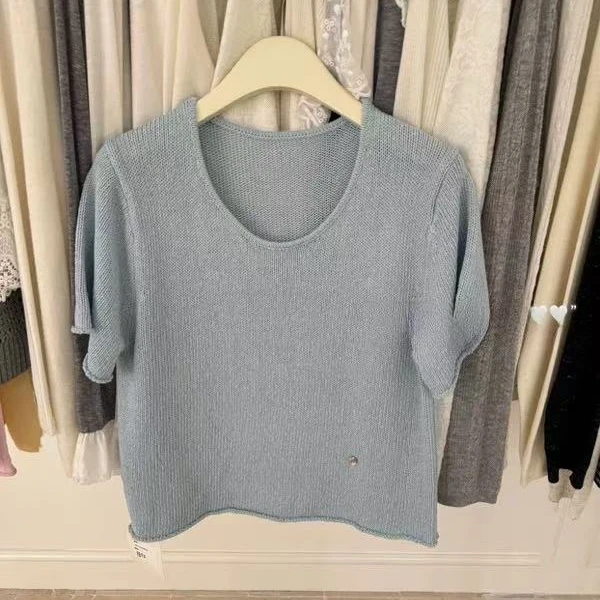 /银片短袖/简约纯色短袖贝壳扣卷边针织衫 衣长54 胸围46 95097