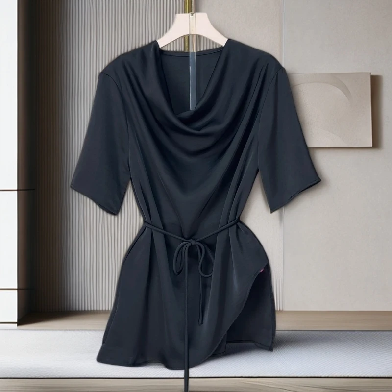 现货新款收腰百搭高档减龄显瘦褶皱系带优雅设计师女装T恤415