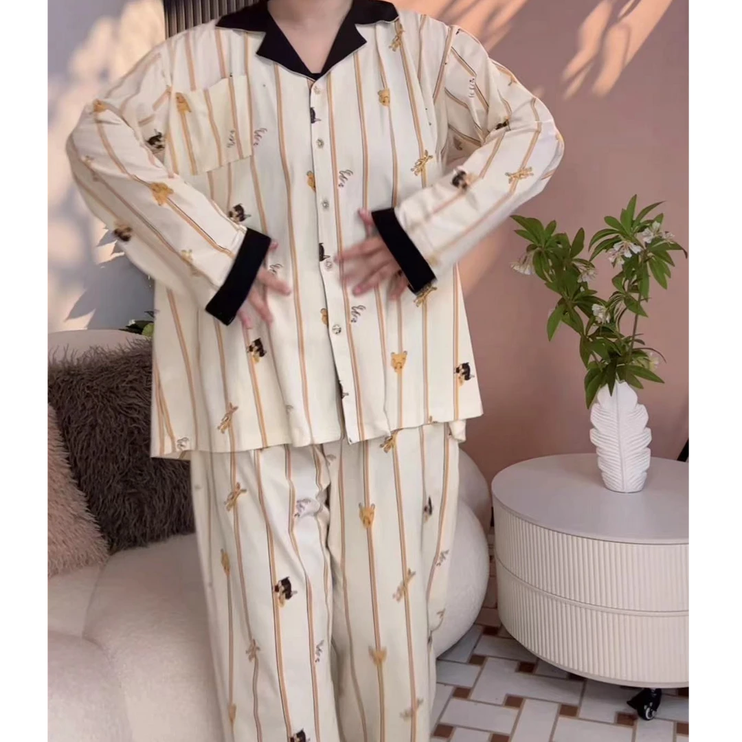 大码睡衣女春夏胖mm200-300斤卡通家居服长袖长裤薄款开衫套装