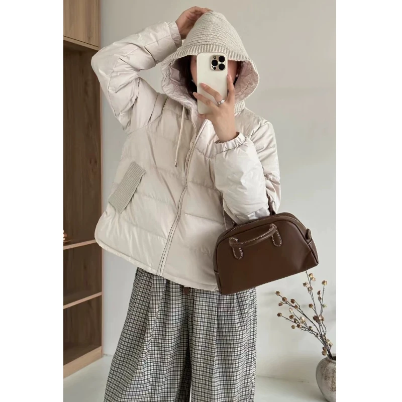 学院风针织拼接抽绳连帽棉服外套2025秋冬休闲高街复古百搭棉衣潮