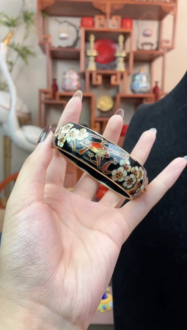 非遗手工景泰蓝开口银蓝镯子黑色