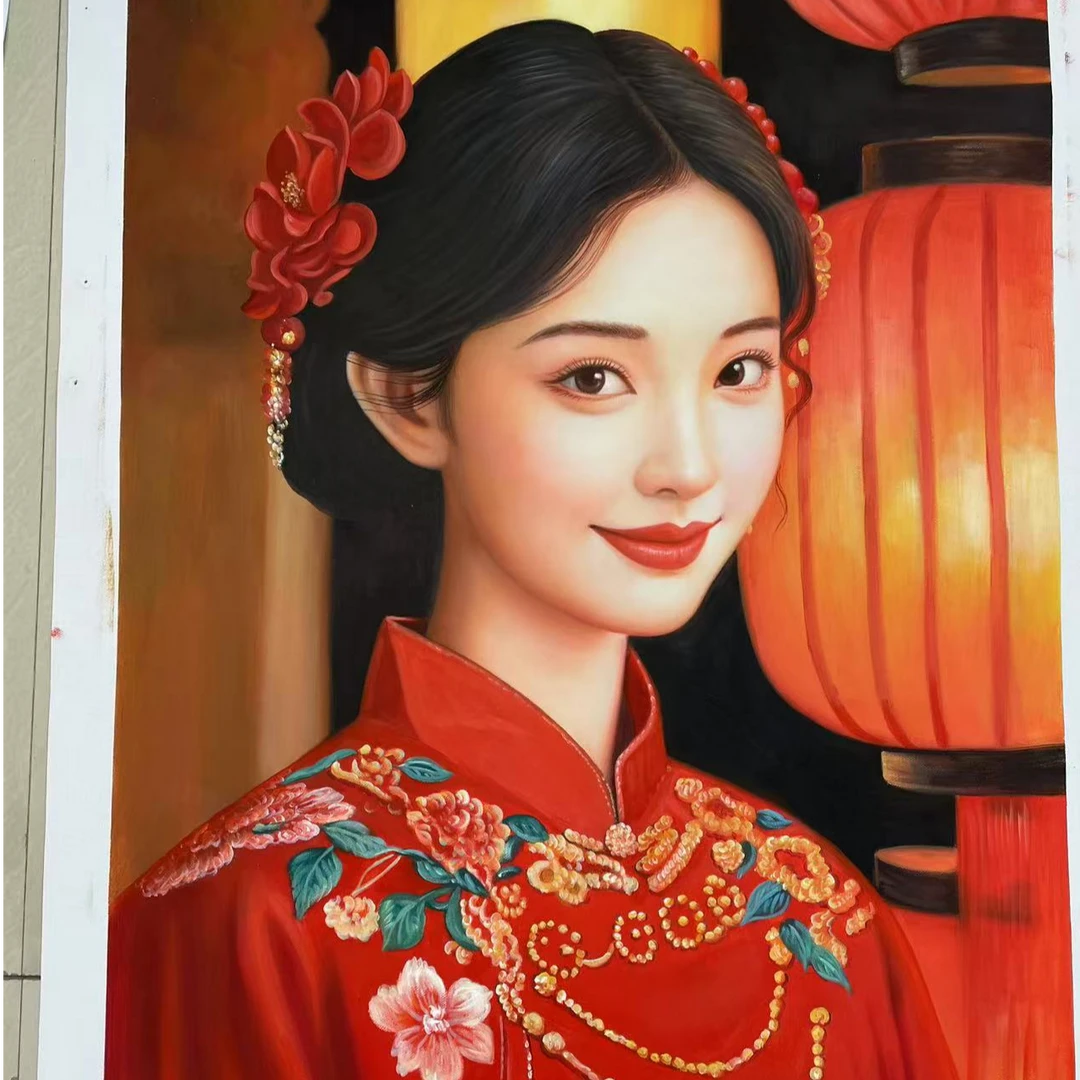 林彦新-***中国新娘-灯笼-红花 -约60*90厘米-手绘油画-麻布