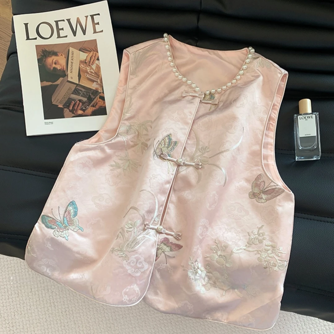 新中式粉色提花缎面马甲女2025新款国风高端气质复古唐装背心上衣