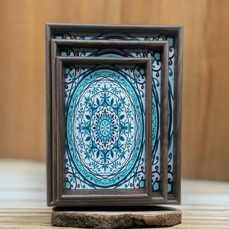 曼陀罗风情茶盘胡桃木首饰长方轻奢木质收纳酒杯茶水文玩茶盘托盘