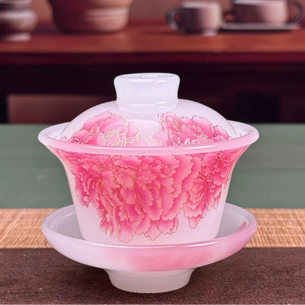 粉牡丹琉璃盖碗送2杯  6128